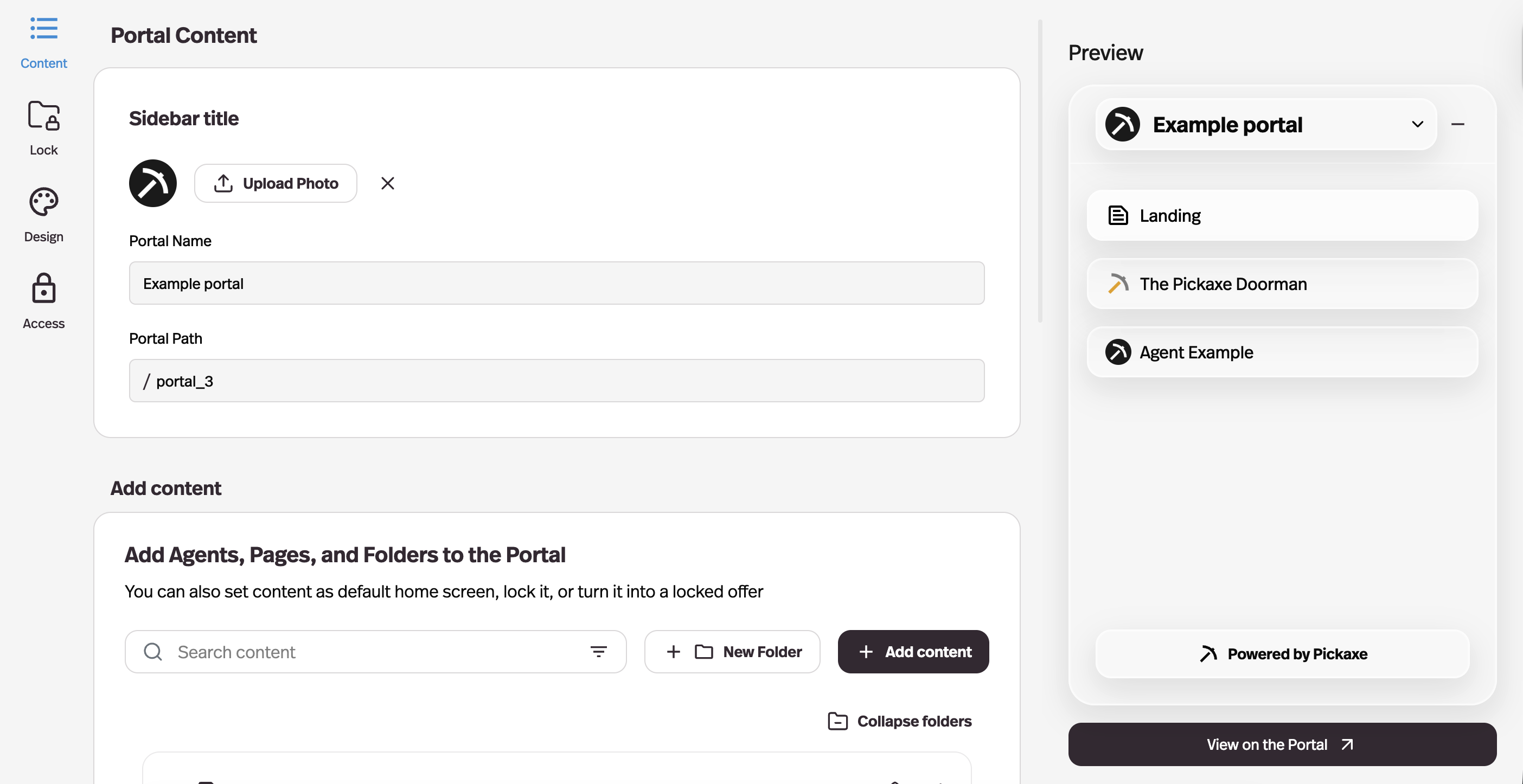 Pickaxe Portal Editor showing content organization for client-facing onboarding portal